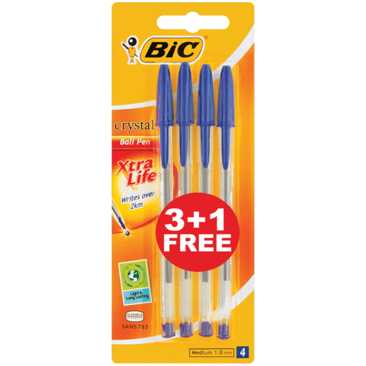 BIC Crystal Blue Xtra Life Ballpoint Pens 4 Pack