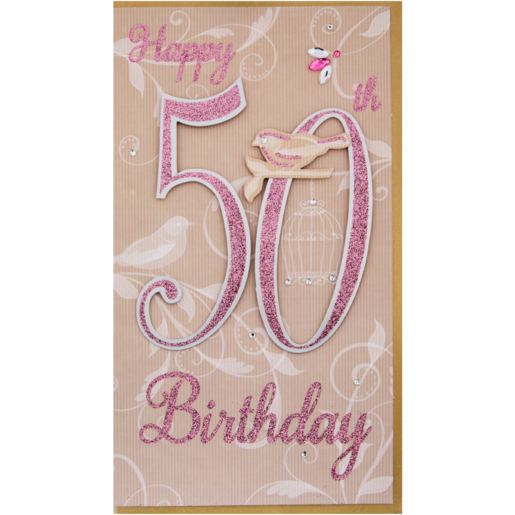 Second Nature Pink Sparrow Themed 50th Happy Birthday Card