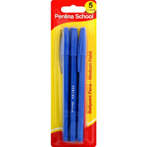 Penlina School Medium Point Blue Ballpoint Pens 6 Pack