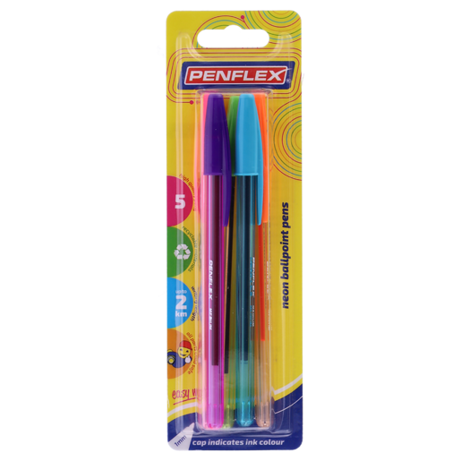 Penflex Neon Fluorescent Ballpoint Pen 5 Pack