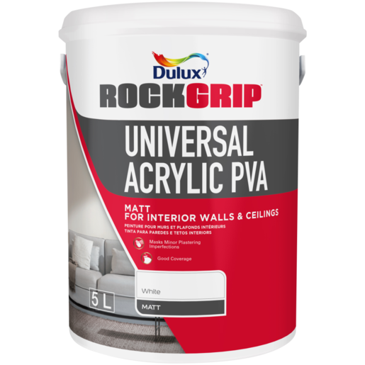 Dulux White Rockgrip Universal Acrylic PVA Paint 5L
