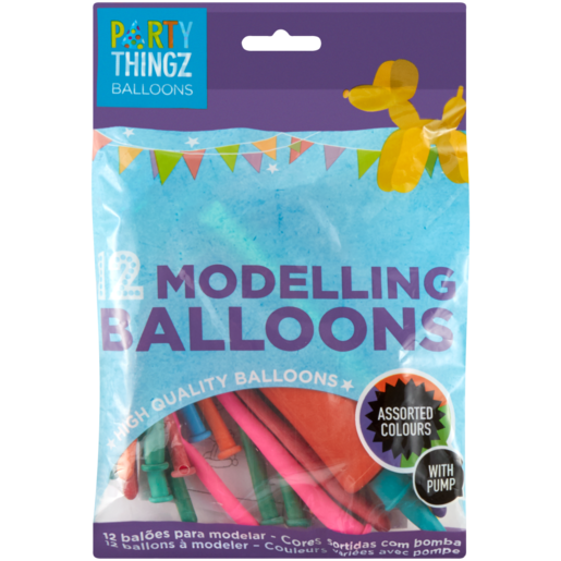 Party Thingz Assorted Modelling Balloons with Pump 12 Pack