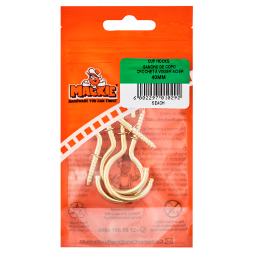 Mackie Brass Plated Cup Hook 40mm 5 Piece