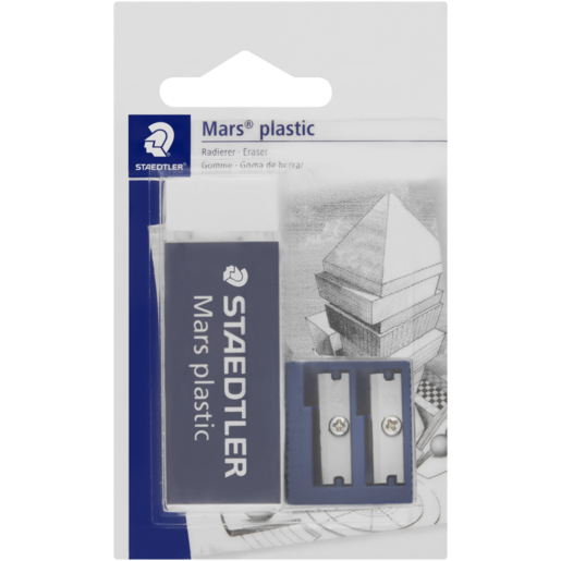 Staedtler Mars White & Blue Plastic Eraser With Sharpener Set