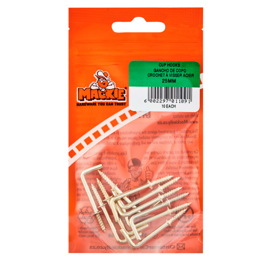 Mackie Brass Plated Square Cup Hook 25mm 10 Piece
