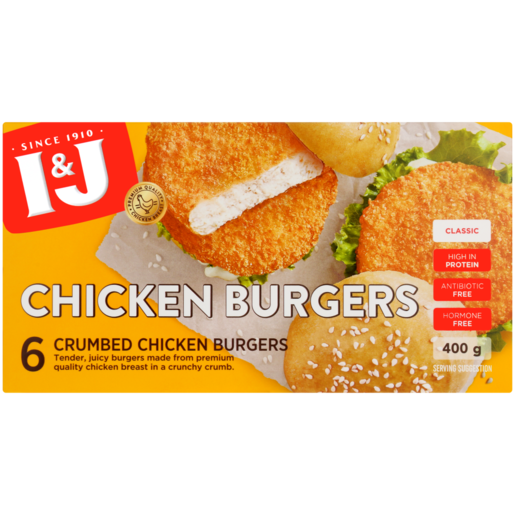 I&J Frozen Crumbed Chicken Breast Burger Patties 400g