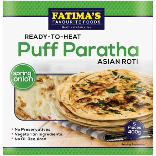 Fatima's Frozen Ready-To-Heat Spring Onion Flavoured Puff Paratha Asian Roti 400g