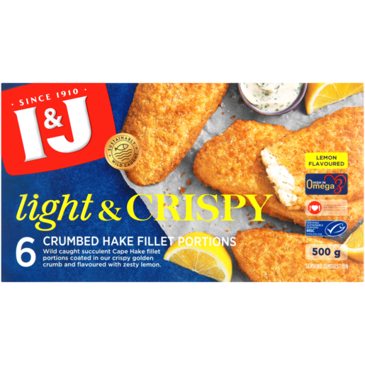 I&J Frozen Light & Crispy Lemon Flavoured Crumbed Hake Fillet Portions 500g