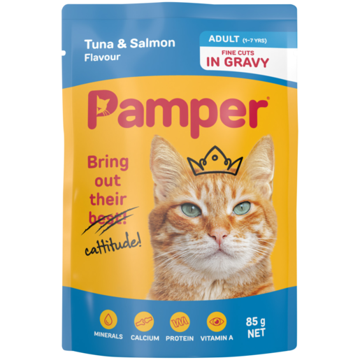Pamper Tuna & Salmon Flavoured Adult Cat Food In Gravy Pouch 85g