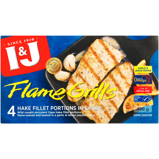 I&J Frozen Flame Grills Hake Fillet Portions In Garlic & Lemon Pepper Sauce 400g