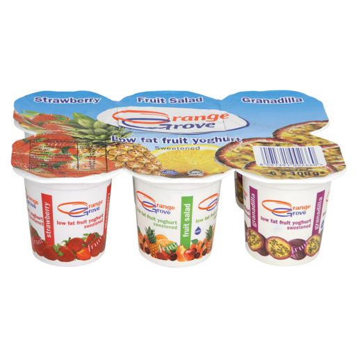 Orange Grove Strawberry, Fruit Salad & Granadilla Flavoured Low Fat Fruit Yoghurt 6 x 100g
