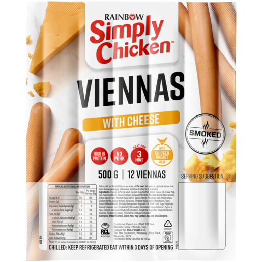 Simply Chicken Cheese Smoked Viennas 500g