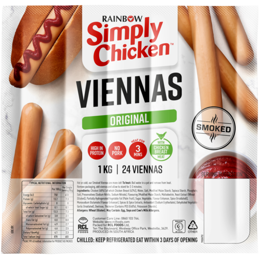 Simply Chicken Original Smoked Viennas With Chicken Breast Meat 1kg