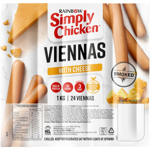 Simply Chicken Cheese Smoked Viennas With Chicken Breast Meat 1kg