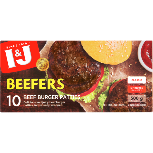 I&J Frozen Beefers Classic Beef Burger Patties 500g