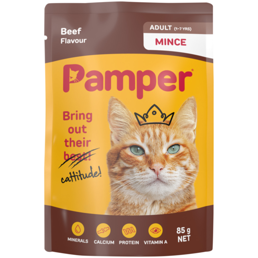 Pamper Beef Flavoured Minced Adult Cat Food Pouch 85g