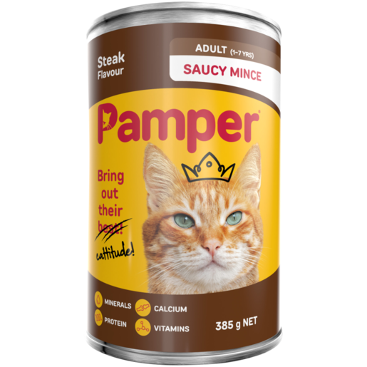 Pamper Saucy Mince Steak Flavoured Cat Food Can 385g
