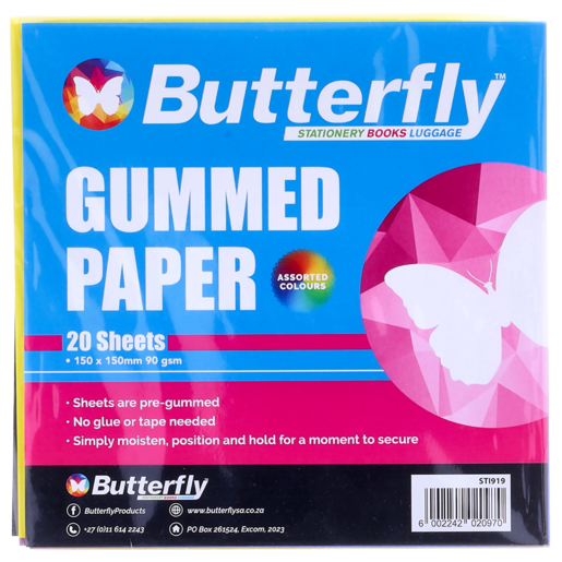Butterfly Squares Gummed Paper 150x150mm 20 Pack
