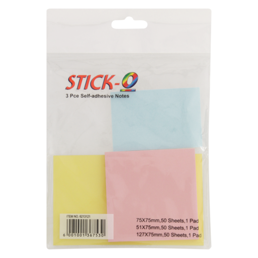 Stick-O Multicoloured Self Adhesive Sticky Note Pads 3 Pack (Colour May Vary)