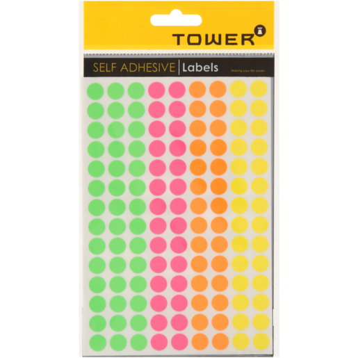 TOWER Multicoloured Fluorescent Self Adhesive Round Labels 10mm 756 Piece