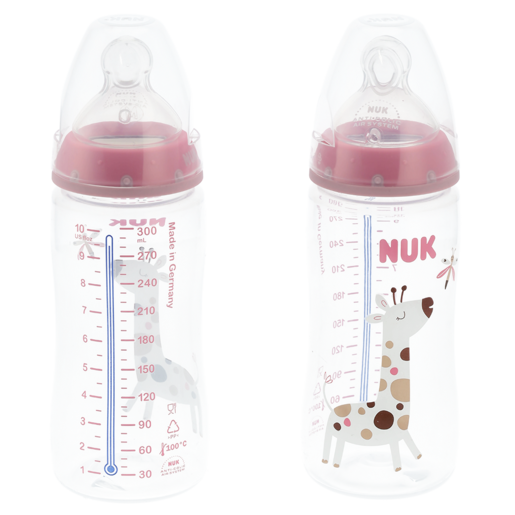 NUK First Choice Pink & Clear Anti Colic Wide Neck Bottle 6-18 Months 2 x 300ml (Assorted Item - Supplied At Random)