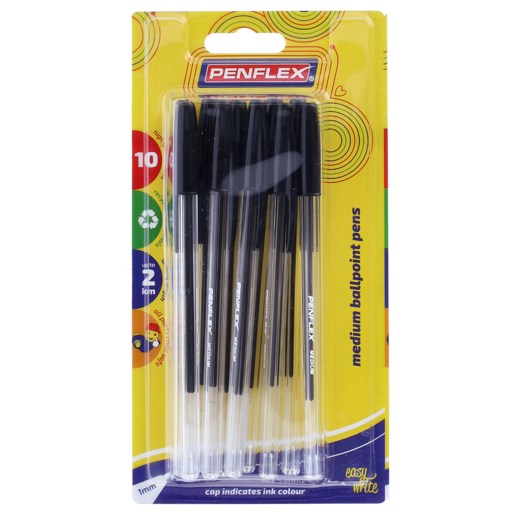 Penflex Black Medium Ballpoint Pens 1mm 10 Pack