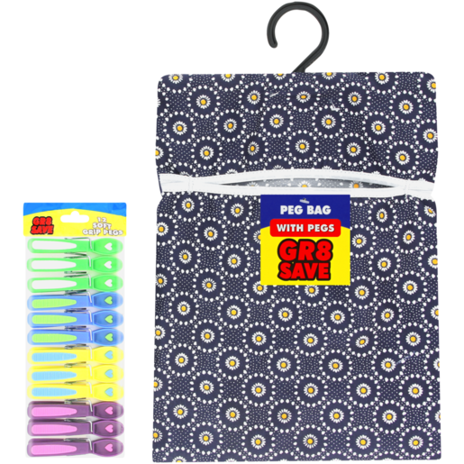 Gr8 Save Peg Bag with Soft Grip Pegs 13 Piece (Assorted Item - Supplied At Random)