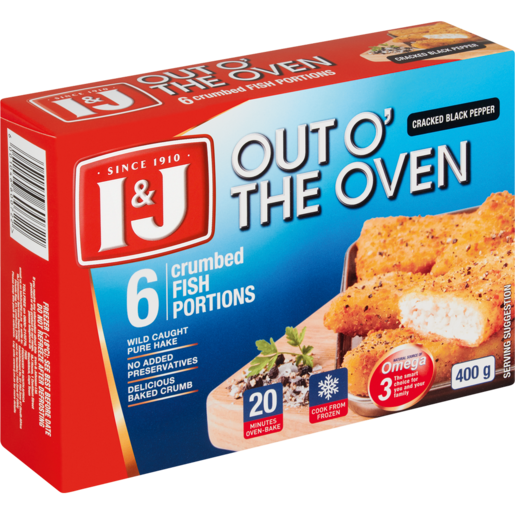I&J Frozen Out O' The Oven Cracked Black Pepper Flavoured Crumbed Fish Portions 400g