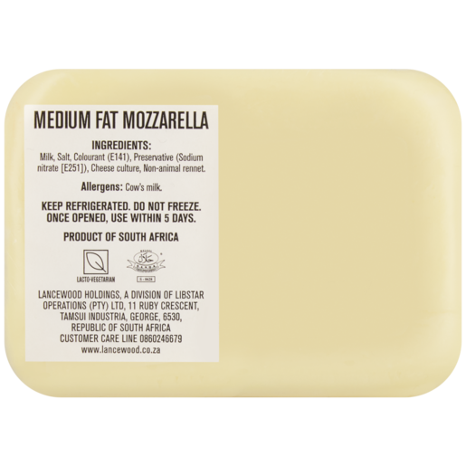 LANCEWOOD Medium Fat Mozzarella Cheese Per kg