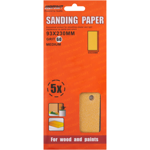 Orientcraft 60 Grit Sanding Paper 90 x 187mm 5 Pack