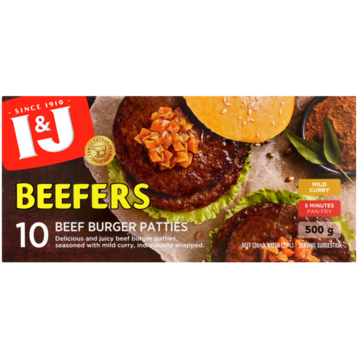 I&J Frozen Beefers Mild Curry Flavoured Beef Burger Patties 500g