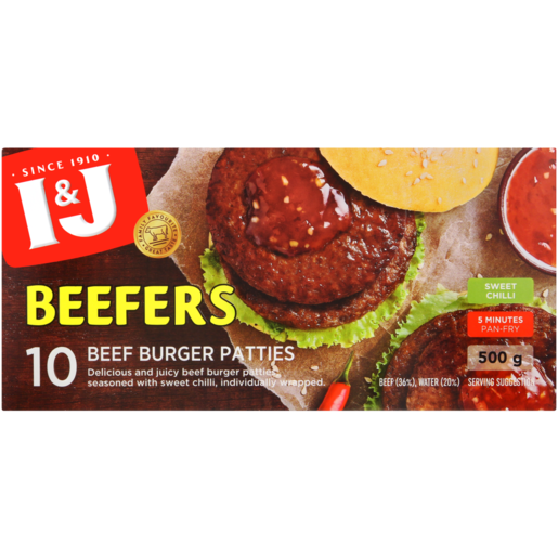 I&J Frozen Beefers Sweet Chilli Flavoured Beef Burger Patties 500g