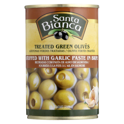 Santa Bianca Treated Green Olives Stuffed With Garlic Paste In Brine 300g