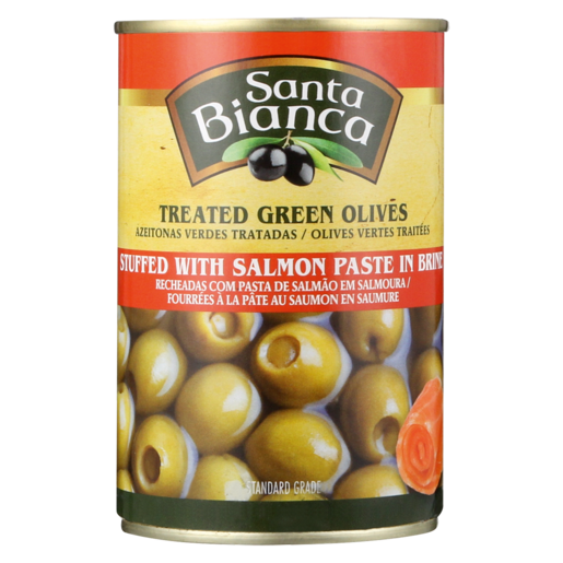 Santa Bianca Treated Green Olives Stuffed With Salmon Paste In Brine Can 300g