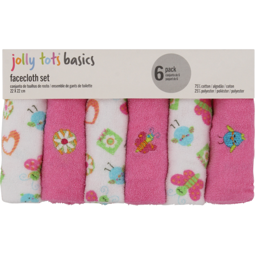 Jolly Tots Facecloth Set 6 Pack 22 x 22cm