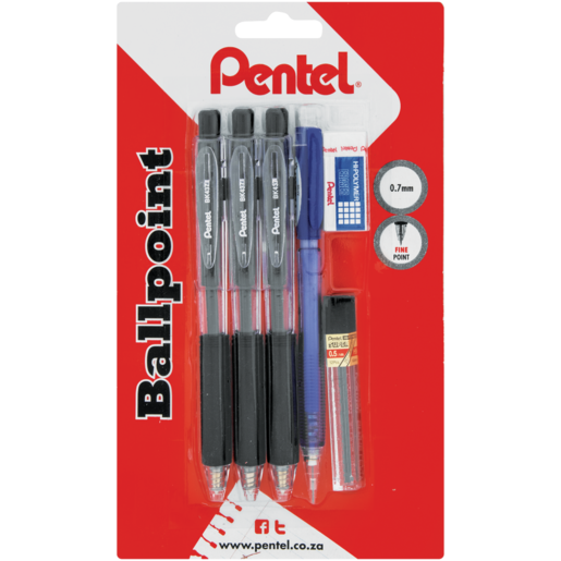Pentel Black Ballpoint Pens Plus Clutch Pencil With Lead And Eraser 6 Piece