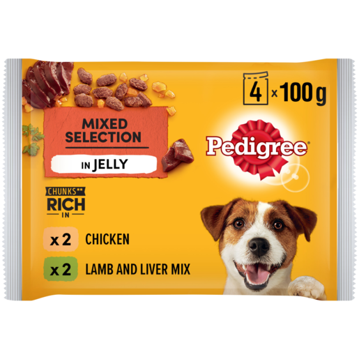 Pedigree Mixed Selection Chicken, Lamb & Liver Mix In Jelly Dog Food Pouch 4 x 100g