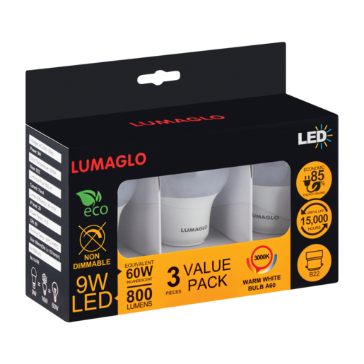 Lumaglo Warm White A60/B22 LED Bulb 9W 3 Pack