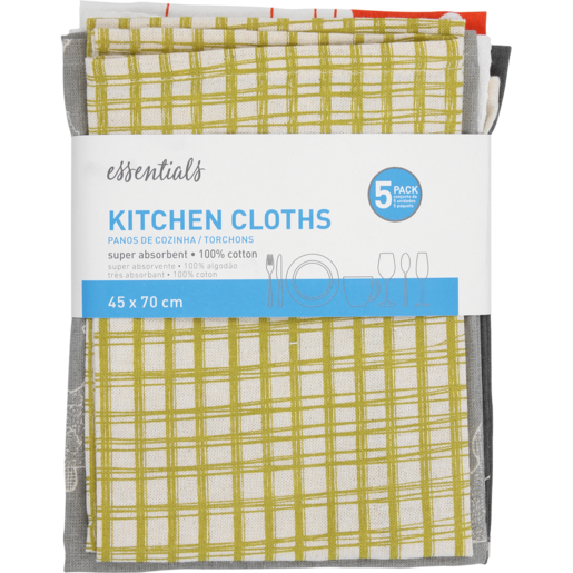 Essentials Kitchen Cloths 5 Pack (Colour May Vary)