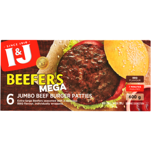 I&J Frozen Beefers Mega Smokey BBQ Flavoured Jumbo Beef Patties 600g