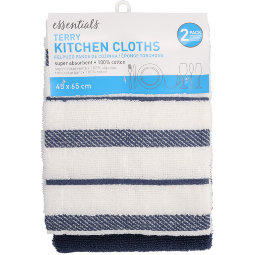 Essentials Premium Terry Kitchen Cloths 2 Pack (Colour May Vary)