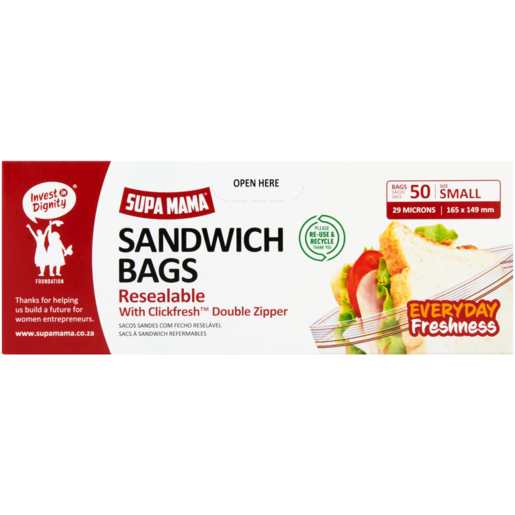 Supa Mama Small Resealable Sandwich Bags With Clickfresh Double Zipper 50 Pack