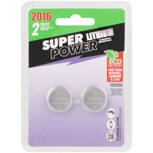 Super Power CR2016 Lithium Coin Batteries 2 Pack