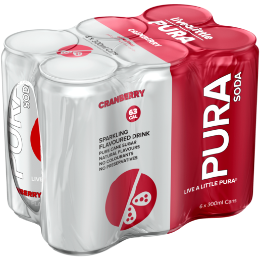 Pura Soda Cranberry Flavoured Sparkling Drink Cans 6 x 300ml