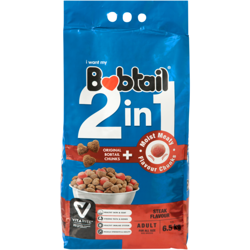 Bobtail 2-In-1 Adult Steak Flavoured Dog Food With Moist Meat 6.5kg