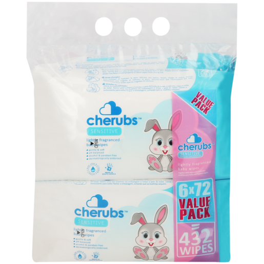 Cherubs Lightly Fragranced Sensitive Baby Wipes 6 x 72 Pack
