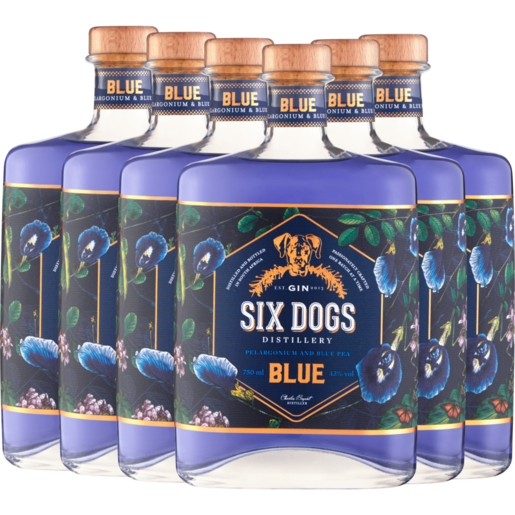 Six Dogs Blue Gin Bottles 6 x 750ml