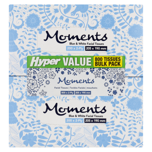 Moments Hyper Value Blue & White Facial Tissues 4 x 200 Pack