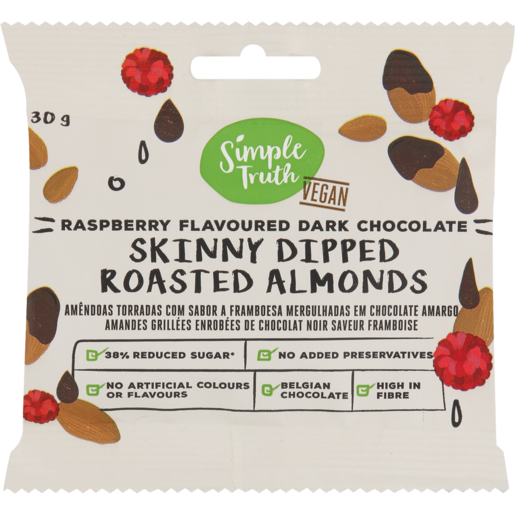 Simple Truth Vegan Raspberry Flavoured Dark Chocolate Skinney Dipped Roasted Almonds 30g