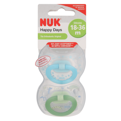 NUK Happy Days Silicone Baby Soother 18-36 Months 2 Pack (Design May Vary)